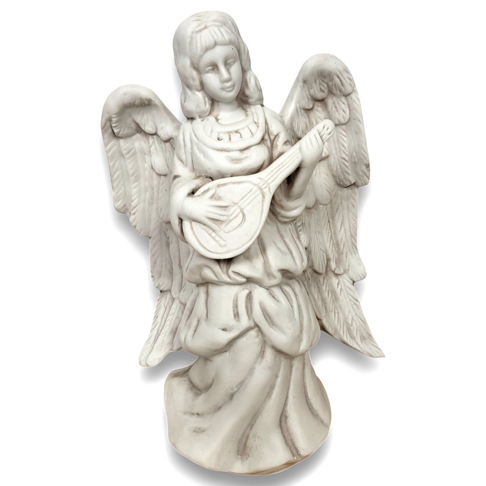Vintage Porcelain Bisque Angel Figurine Mandolin 9" Sculpture Holiday‎ Decor